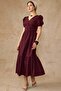 Drape Detailed Watermelon Sleeve Cotton Dress Bordo 9457-E - 6