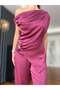 Burgundy Buckle Detailed Satin Suit with Elastic Waistband - 4