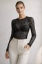 Women's Black Transparent Lace Long Sleeve Lycra Tulle Blouse with Exposed Underwear