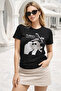 Women's Black 100% Cotton Printed Crew Neck Short Sleeve T-Shirt