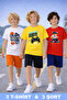 Game Console and Basketball Robot Printed Cotton Combed Cotton 3-Piece Summer T-Shirt-Shorts Children's Set