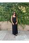 Thick Strap Skirt, Gathered Combed Cotton Black Dress - 2