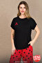 Heart Patterned Wide Leg Pajamas Crew Neck Black Short Sleeve Pajamas Set 12686 - 3