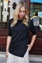 Women's Lycra Silky Textured Modal Combed Cotton Boat Neck Above Elbow Pleated Asymmetrical Blouse-Black - 3