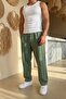 Baggy Fit Men's Elastic Waist Green Washed Linen Trousers Ls-23133