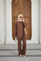 Women's Collar Button Detail Elastic Waist Adjustable Two-Piece Suit Brown - 2