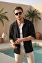 Men's Oversize Fit Jacquard Three Quarter Sleeve Summer Black Shirt Ls-19202 - 3