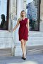 Double-Breasted Wrap Front Gathered Shawl Collar Sleeveless Lycra Crepe Fabric Dress-Burgundy - 3