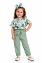 Girl's Leaf Patterned Blouse and Aerobin Trousers Green Color Two-Piece Set