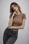 Women's Light Brown Crew Neck Slim Fit Crop T-Shirt - 5