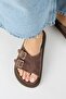 Lirio Women's Genuine Leather Single Strap Double Buckle Brown Slippers - 8