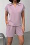 Women's Lilac Polo Collar Elastic Waist Top and Shorts Set Nj141 - 3