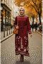 Patterned Belted Viscose Hijab Dress with Elastic Sleeves 2207-02 Claret Red