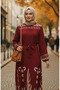 Patterned Belted Viscose Hijab Dress with Elastic Sleeves 2207-02 Claret Red - 3