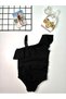 Girl's Stylish Swimsuit with Ruffle Details, Transparent Pieces, Adjustable Straps, Black