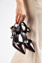 Brown Patent Leather Metallic Pointed Toe Open-Back Gold Heel Detailed Stiletto Heel Shoes (8cm) - 3