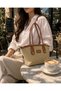 Straw Tan Women's Shoulder Bag with Tan Leather Detail and Zipper, Stylish Daily Hand and Shoulder Bag - Daily Bag - 2