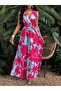 Women's Strappy Double Breasted Collared Floral Patterned Long Single Jersey Dress - 2