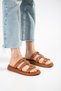 Elowen Women's Genuine Leather Thin Sole Tan Slippers with Buckle Detail - 2