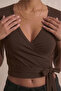 Double-Breasted Collar Tie Crop Blouse Short Sleeve Cotton Stretch Fabric Stylish Top - 3