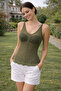 Women's Front and Back V-Neck Strappy Mesh Knit Lightly Textured Transparent Look Stylish Khaki Top - 6