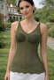 Women's Front and Back V-Neck Strappy Mesh Knit Lightly Textured Transparent Look Stylish Khaki Top - 5