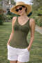Women's Front and Back V-Neck Strappy Mesh Knit Lightly Textured Transparent Look Stylish Khaki Top - 2