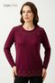 Women's Burgundy Mountain Pattern Collar and Skirt Embroidered, Stoned Mother Combed Cotton Blouse