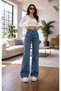 Blue Snow Wash Lycra High Waist Palazzo Wide Leg Jean Trousers - 5