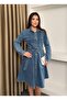 Snap Detailed Belted Long Sleeve Denim Dress