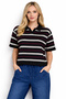 Striped Polo Neck Crop Women's Knitwear T-Shirt Short Sleeve Summer Top (Black and White)
