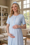 New Season Blue Full-Length Shawl Collar Short Sleeve Lace Summer Buttoned Maternity Maternity Dressing Gown Nightgown Set - 5