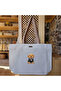 Natural Canvas Tote Bag with Printed Smiling Puppy and Stylish Tuxedo, Light Brown Handle - Small