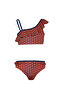 Girl's Floral Patterned Brick Color Navy Blue Ribbed Bikini Set 25Sg005St