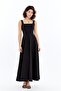 Women's Black Thick Strap Square Neck Long Dress with Bow Detail