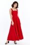 Women's Red Thick Strap Square Neck Long Dress with Bow Detail - 4