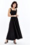 Women's Black Thick Strap Square Neck Long Dress with Bow Detail - 4