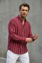 Self-Patterned (Wrinkle Effect) Thick Striped Men's Long-Sleeved Red Shirt Ls-13045 - 5