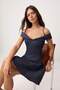 Navy Blue Carmen Collar A-Line Short / Mini Woven Dress Twoss26El00425