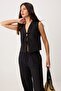 Siyah Bağlamalı Keten Görünümlü Bluz Ve Wide Leg Pantolon Dokuma Alt - Üst Takım TWOSS25AU00034 - 2
