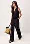 Siyah Bağlamalı Keten Görünümlü Bluz Ve Wide Leg Pantolon Dokuma Alt - Üst Takım TWOSS25AU00034
