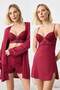 Bordo 4'lü Dantel Detaylı Sabahlık + Gecelik + Bralet + Şort Örme Pijama Takımı THMSS26PT00093