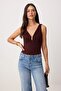 Kahverengi Düz Fitted V Yaka Kolsuz Çıtçıtlı Esnek Örme Body TWOSS26BD00015 - 2