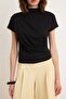Black Regular Fit Stand Collar Short Sleeve Gathered Knitwear Look Knitted Blouse Twoss26Bz00236 - 3