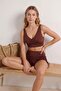 Kahverengi Tünelli Bralette Kaplı Bağlama Detaylı Şort Bikini Takımı TBESS26BT00007