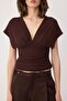 Kahverengi Fitted/Vücuda Oturan Büzgü/Drape Detaylı Örme Bluz TWOSS25BZ00605 - 3