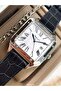Navy Blue Leather Cord, Silver Square Case, with Calendar, Roman Numeral Dial Men's Wristwatch with Bracelet Gift