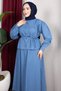 Büzgü Detail Denim Suit with Skirt, Hijab Suit Rbz2607K - Blue