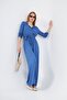 Women's Blue Pocketed Elastic Waist Belt Piece Long Sleeve Round Neck Buttoned Comfortable Cut Overalls 3297506 - 3