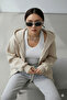 Women's Beige Zippered Hooded Cardigan Jacket - 5